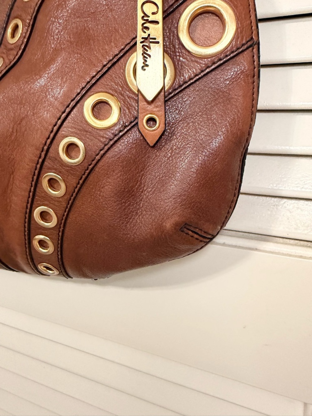 Cole Haan Brown Leather Hobo Bag with Gold Grommet Accents - Picture 5 of 11